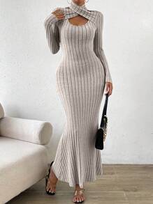Chiquease Criss Cross Cut Out Front Mermaid Hem Ribbed Knit Dress - Apricot - View 5