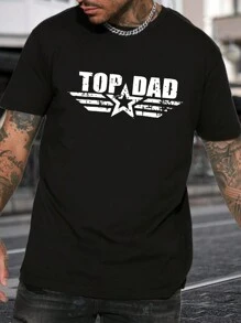 Manfinity Homme 男士加大码时尚星星和字母图案短袖 T 恤，适合外出 - 黑色 - 查看 1