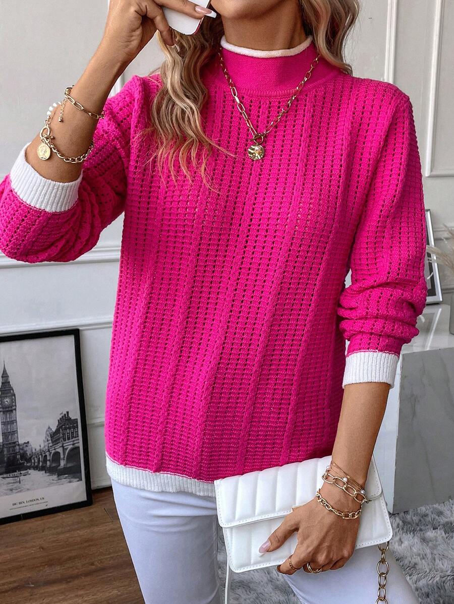 SHEIN Essnce 拼接邊小高領套頭毛衣 - 玫紅色 - 查看 1