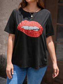 SHEIN LUNE Hơn Kim sa Mô hình môi Áo thun - màu đen - Xem 4