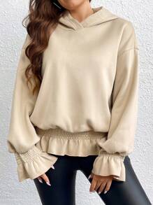 Celure Plus Flare Sleeve Ruffle Hem Hoodie Graduation,Back To School Outfits,Graduation,Teacher Outfits For Women,Back To School Pullover Fall Outfit