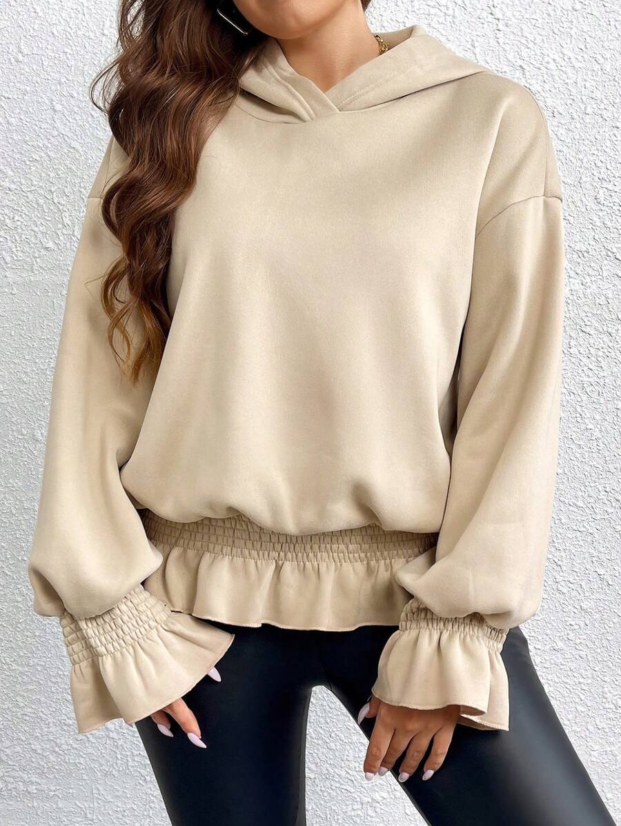 Celure Plus Flare Sleeve Ruffle Hem Hoodie Graduation,Back To School Outfits,Graduation,Teacher Outfits For Women,Back To School Pullover Fall Outfit