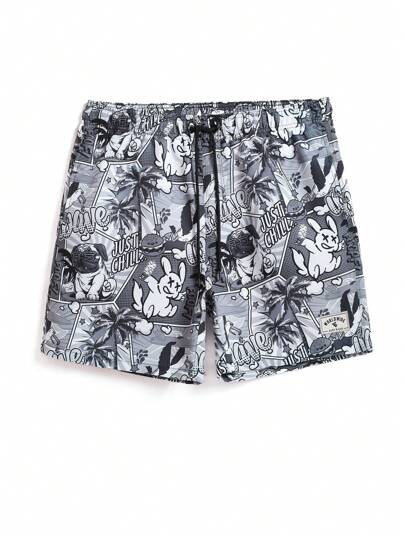 Manfinity KASUA 男士卡通&熱帶圖案腰部抽繩沙灘褲