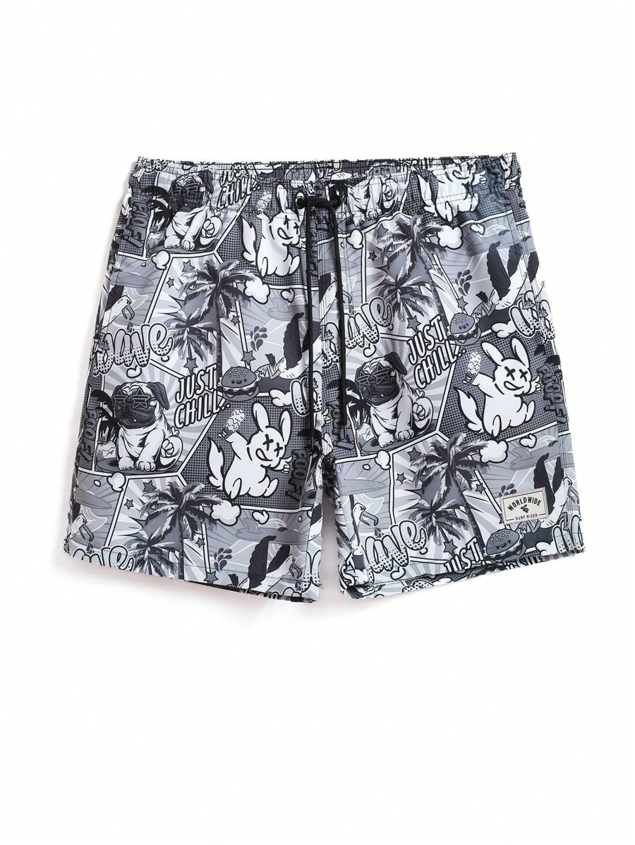 Manfinity KASUA 男士卡通&熱帶圖案腰部抽繩沙灘褲