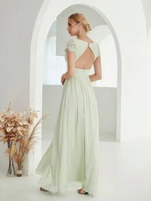 Cross V-Neck Lace Rhinestone Pleated Chiffon A-Line Long Dress With Slit - Mint Green - View 2