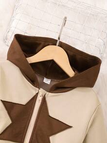 SHEIN Cô gái Tween In Sao áo có mũ Áo khoác & Đồ họa Chữ cái Quần - Màu Khaki - Xem 3