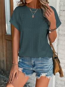 SHEIN LUNE Eyelet Embroidery Batwing Sleeve Tee - Dark Green - View 3