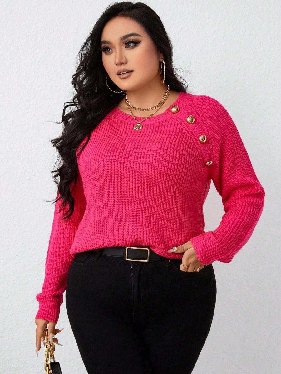Celure Plus Button Detail Raglan Sleeve Sweater - Hot Pink - View 1