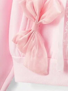 ROMWE Kawaii 蝴蝶结装饰拉链抽绳连帽衫，学校 - 粉色 - 查看 3