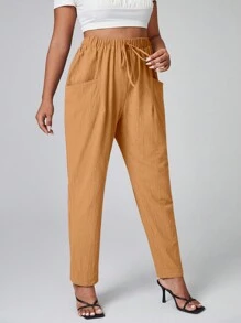 SHEIN LUNE Plus Knit Waist Pocket Patched Pants - Mustard Yellow - View 5