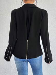 SHEIN Privé Lapel Neck Zip Detail Blazer - Black - View 1