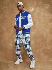 ROMWE MEN Prep Nam Đồ họa Chữ cái Khối màu Áo khoác Đại học - Xanh và trắng - Xem 4