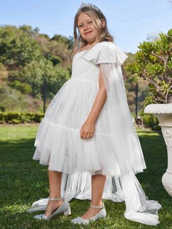 女大童不規則肩蝴蝶結細節荷葉邊網紗覆蓋洋裝