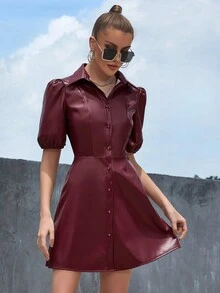 Eilly Bazar 休閒鈕扣純色女士連衣裙 - 紫紅色 - 查看 6