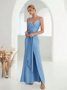 Draped Split Thigh Bridesmaid Dress - Dusty Blue - View 3
