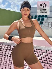 Lifespree Seamless High Stretch Sports Bra With Cycling Shorts - Brown - View 1