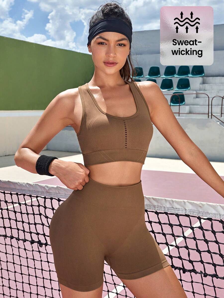 Lifespree Seamless High Stretch Sports Bra With Cycling Shorts - Brown - View 1