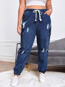 SHEIN 大碼腰部抽繩破洞側翻蓋口袋工裝牛仔褲 - 深色水洗藍 - 查看 4