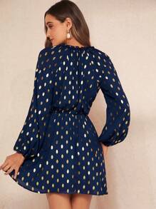 SHEIN Clasi In chấm vàng Cà vạt Tay áo lồng đèn Đầm - Nhiều màu - Xem 5