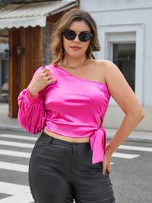 SHEIN Privé Plus One Shoulder Knot Side Crop Satin Blouse - Hot Pink - View 6