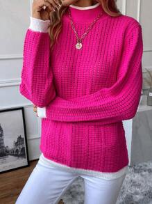 SHEIN Essnce 拼接邊小高領套頭毛衣 - 玫紅色 - 查看 5