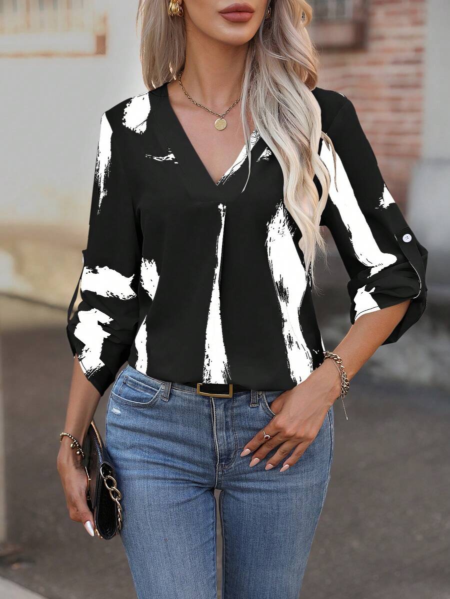 SHEIN LUNE Brush Print Roll Tab Sleeve Blouse - Black and White - View 1