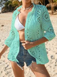 SHEIN VCAY Eyelet Embroidery Notched Neckline Puff Sleeve Blouse - Green - View 3