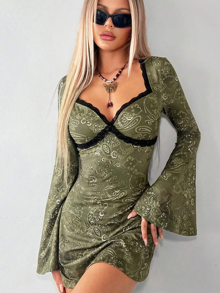 SHEIN ICON Hippie Paisley Print Contrast Lace Flare Sleeve Dress - Multicolor - View 1