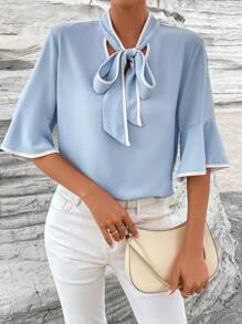 SHEIN Privé Tương phản ràng buộc Cà vạt Tay áo loe Áo sơ mi - Màu xanh lam - Xem 4