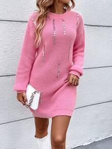 SHEIN Frenchy Rhinestone Detail Drop Shoulder Sweater Dress - Hot Pink - View 5