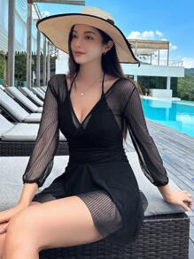 DAZY 纯色露背连体泳衣，夏季薄纱，沙滩度假女装