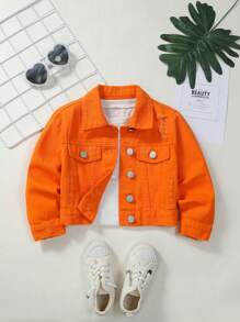SHEIN Explorewe Chica Joven 1 pieza Cazadora mezclilla desgarro con diseño de solapa - Naranja - Ver 1