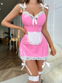 Halloween Contrast Lace Maid Costume Dress With Apron & Leg Ring