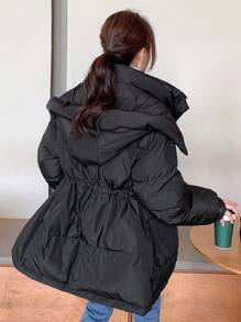 DAZY Letter Graphic Drawstring Waist Hooded Puffer Thick Pockets Coat - Black - View 2
