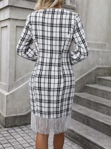 Chiquease 格紋圖案流蘇下擺粗花呢洋裝 - 黑與白 - 查看 2