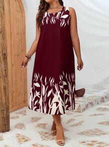 INAWLY Plus Plants Print Tunic Dress For Summer - Burgundy - View 5