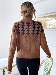 SHEIN Essnce 千鳥格圖案高領插肩袖麻花編織套頭毛衣 - 卡其色 - 查看 5