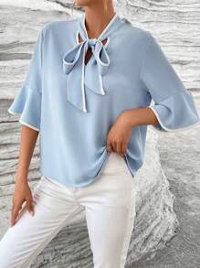 SHEIN Privé Tương phản ràng buộc Cà vạt Tay áo loe Áo sơ mi - Màu xanh lam - Xem 3