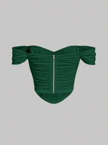 SHEIN MOD Off Shoulder Ruched Bandana Hem Mesh Top - Dark Green - View 2