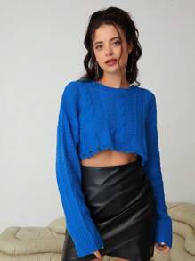 SHEIN Essnce Solid Drop Shoulder Crop Sweater - Blue - View 1