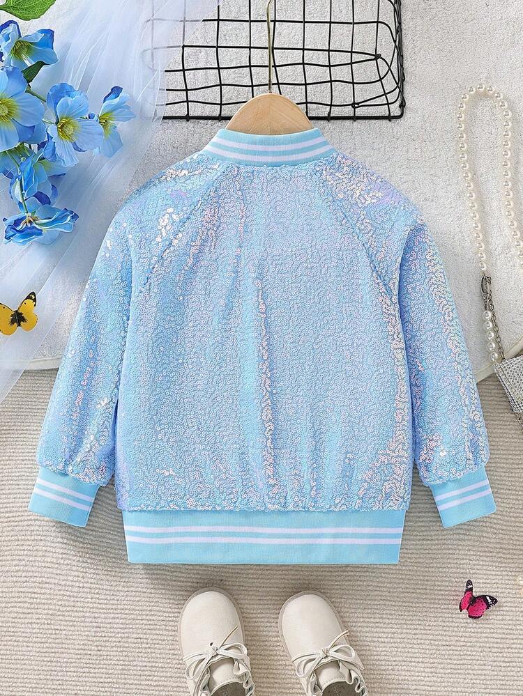 SHEIN 女小童1入組亮片拉鏈開襟飛行員夾克 - 藍色 - 查看 2