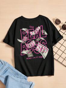 SHEIN Camiseta para adolescente con eslogan y patrón de dólares estadounidenses, perfecta para atuendos cómodos y casuales de verano