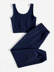 Mulvari Letter Graphic Tank Top & Sweatpants 2 Piece Set - Navy Blue - View 2