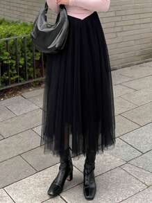 DAZY Solid Mesh Overlay Skirt