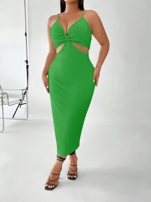 Celure Plus Cut Out Waist Cami Bodycon Dress - Green - View 6