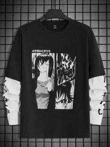 Manfinity RebelGame Manfinity EMRG 宽松版型男式日本字母与人物图案二合一动漫 T 恤 - 黑色 - 查看 1