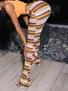 條紋印花長褲 - 棕色 - 查看 7