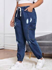 SHEIN 大碼腰部抽繩破洞側翻蓋口袋工裝牛仔褲 - 深色水洗藍 - 查看 5