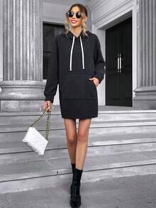 SHEIN Essnce Kangaroo Pocket Drop Shoulder Drawstring Hooded Sweatshirt Dress - Dark Grey - View 5