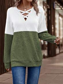 SHEIN LUNE Two Tone Crisscross Front Drop Shoulder Sweatshirt - Army Green - View 5